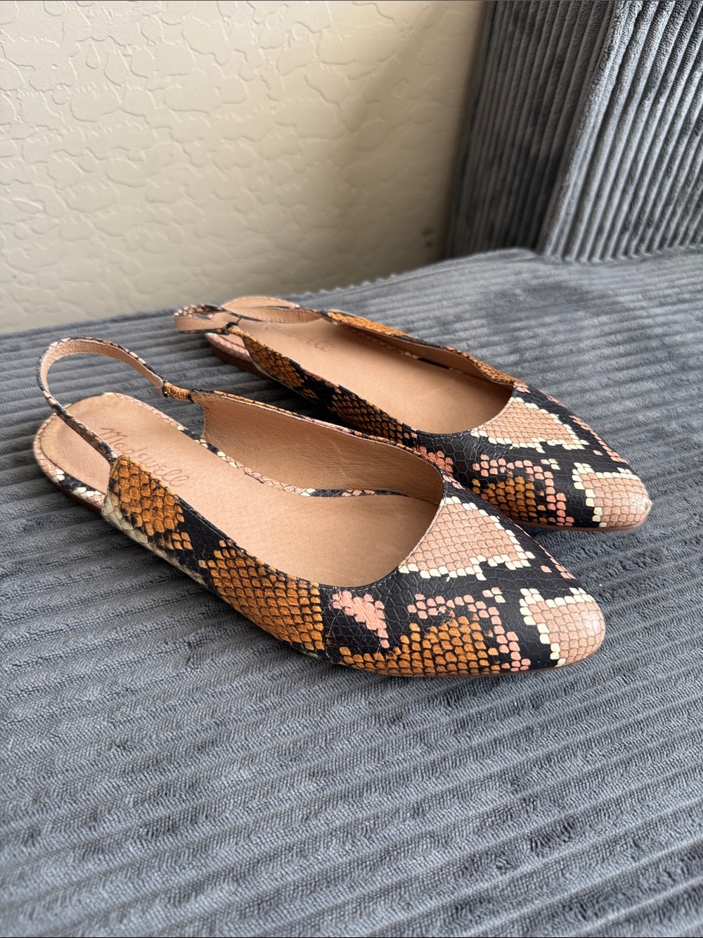 Madewell Snake-Print Slingback Flats in Tan, Black & Blush